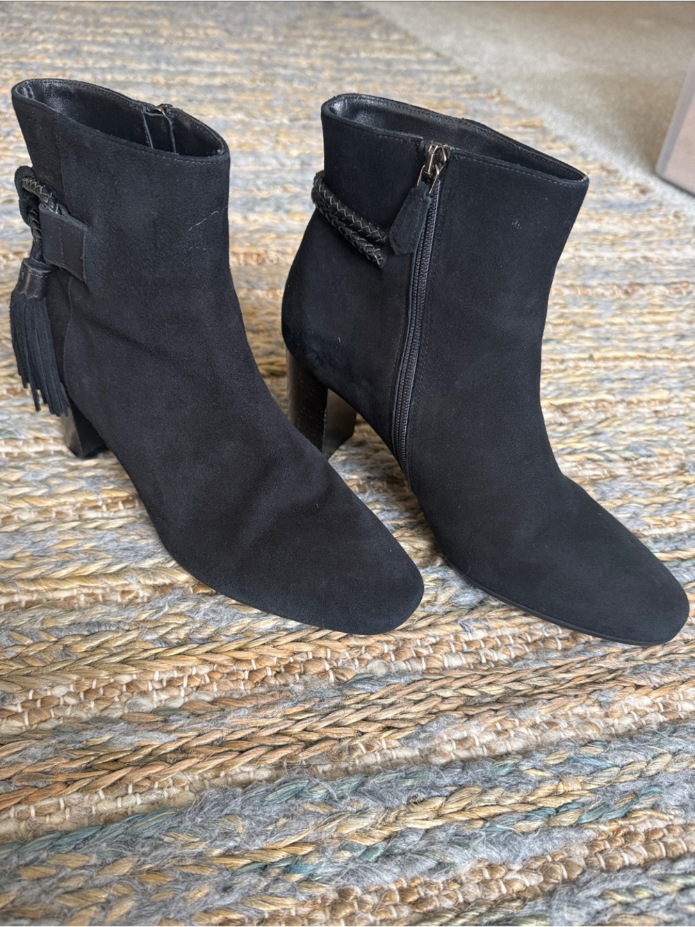 LK Bennett Black Suede Tassel Block Heel Ankle Boots Size 37